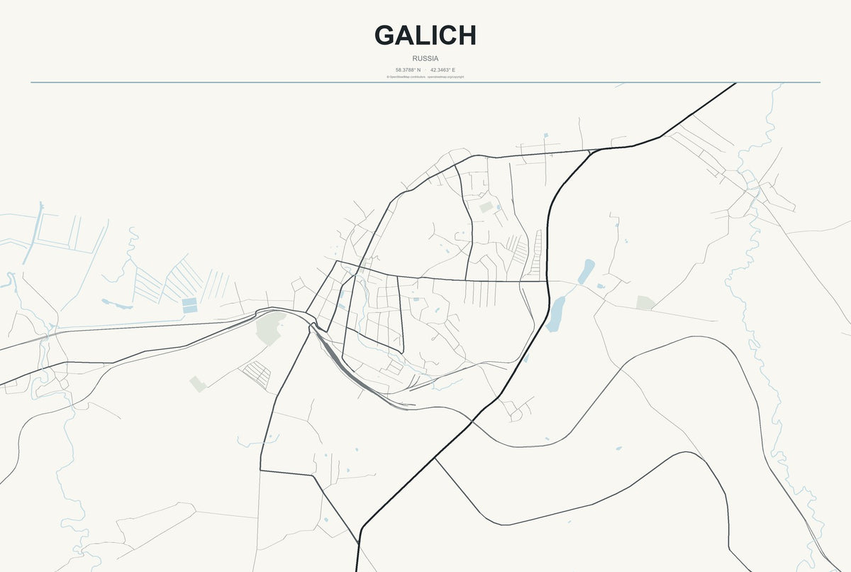 Galich, Russia City Map Aluminum Sign in Headline Atlas style