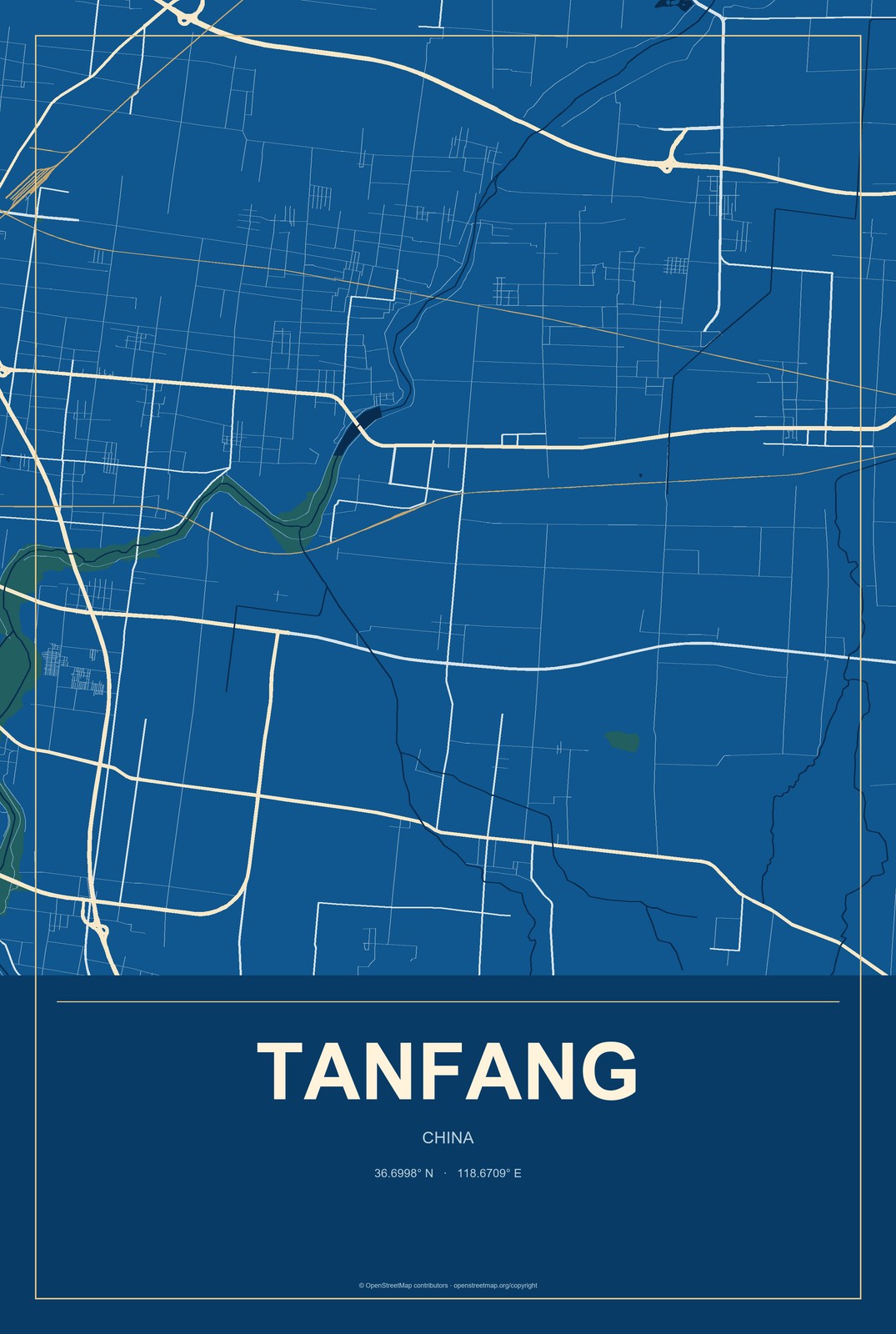 Tanfang, China City Map Aluminum Sign in Harbor Cobalt style