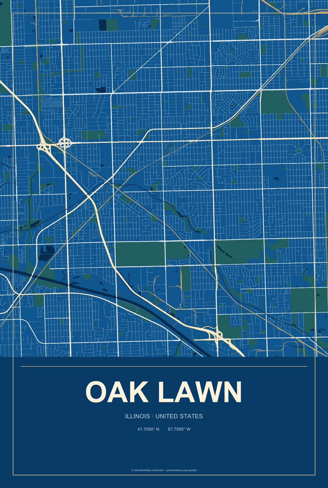 Oak Lawn, Illinois City Map Aluminum Sign in Harbor Cobalt style