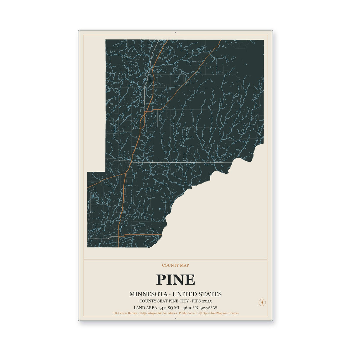 Pine County, Minnesota Map Aluminum Sign in Headline Atlas style