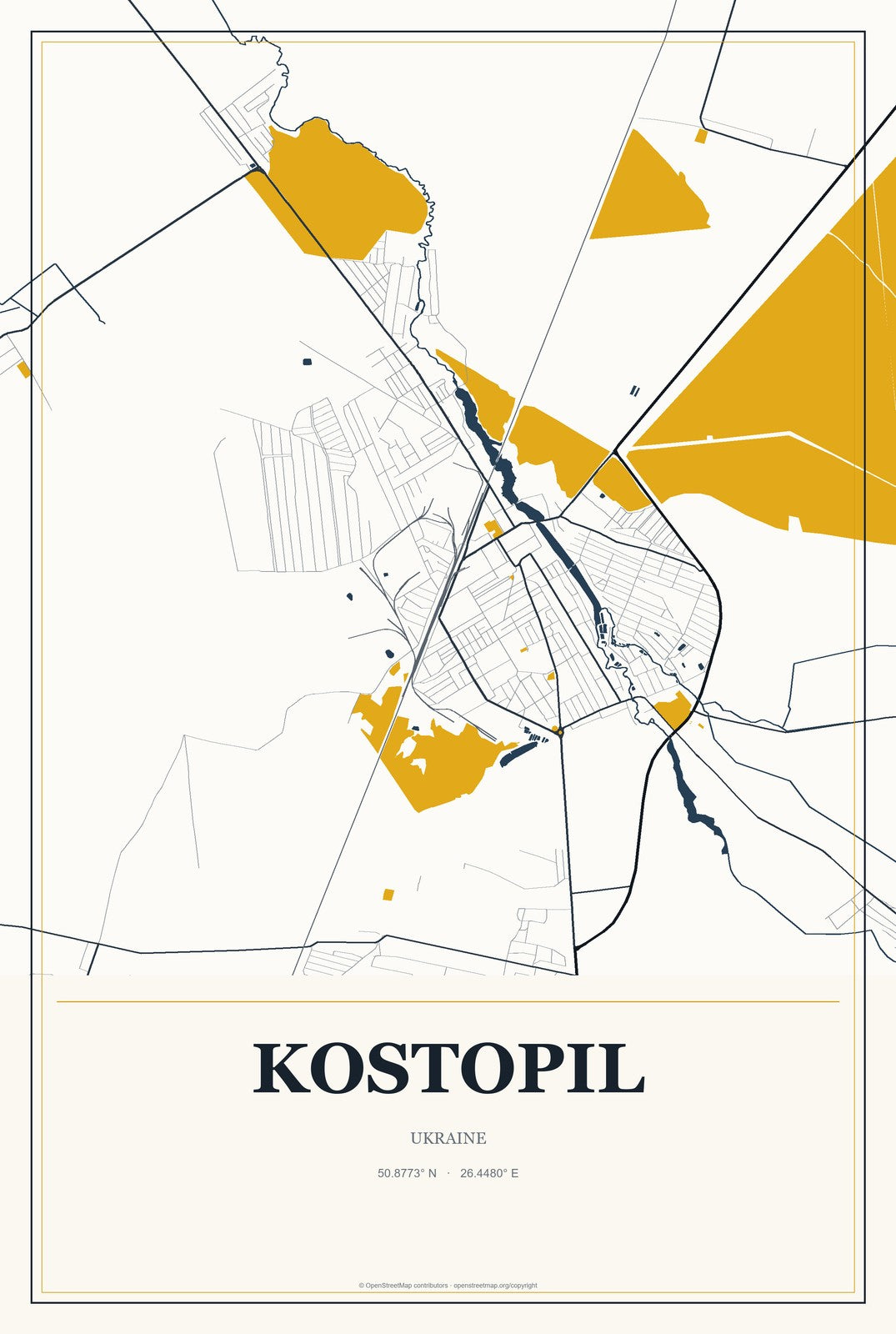 Kostopil, Ukraine City Map Aluminum Sign in Citrine Modern style