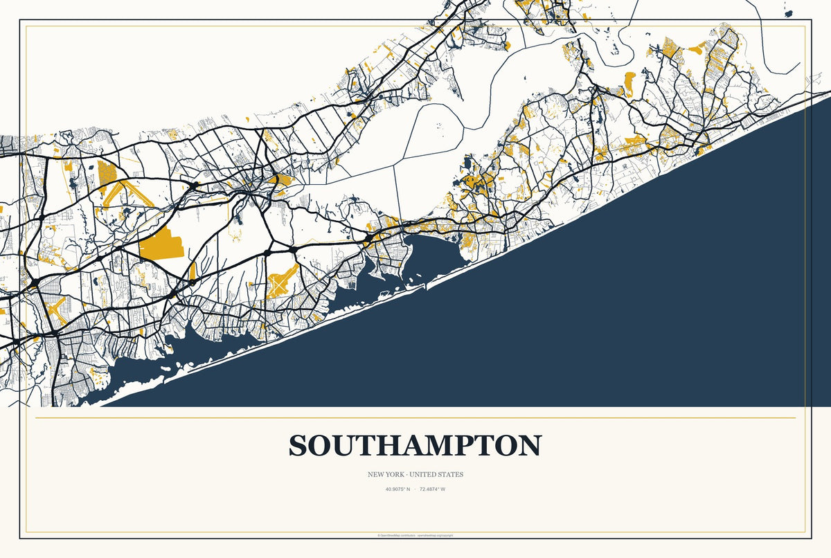 Southampton, New York City Map Aluminum Sign in Citrine Modern style