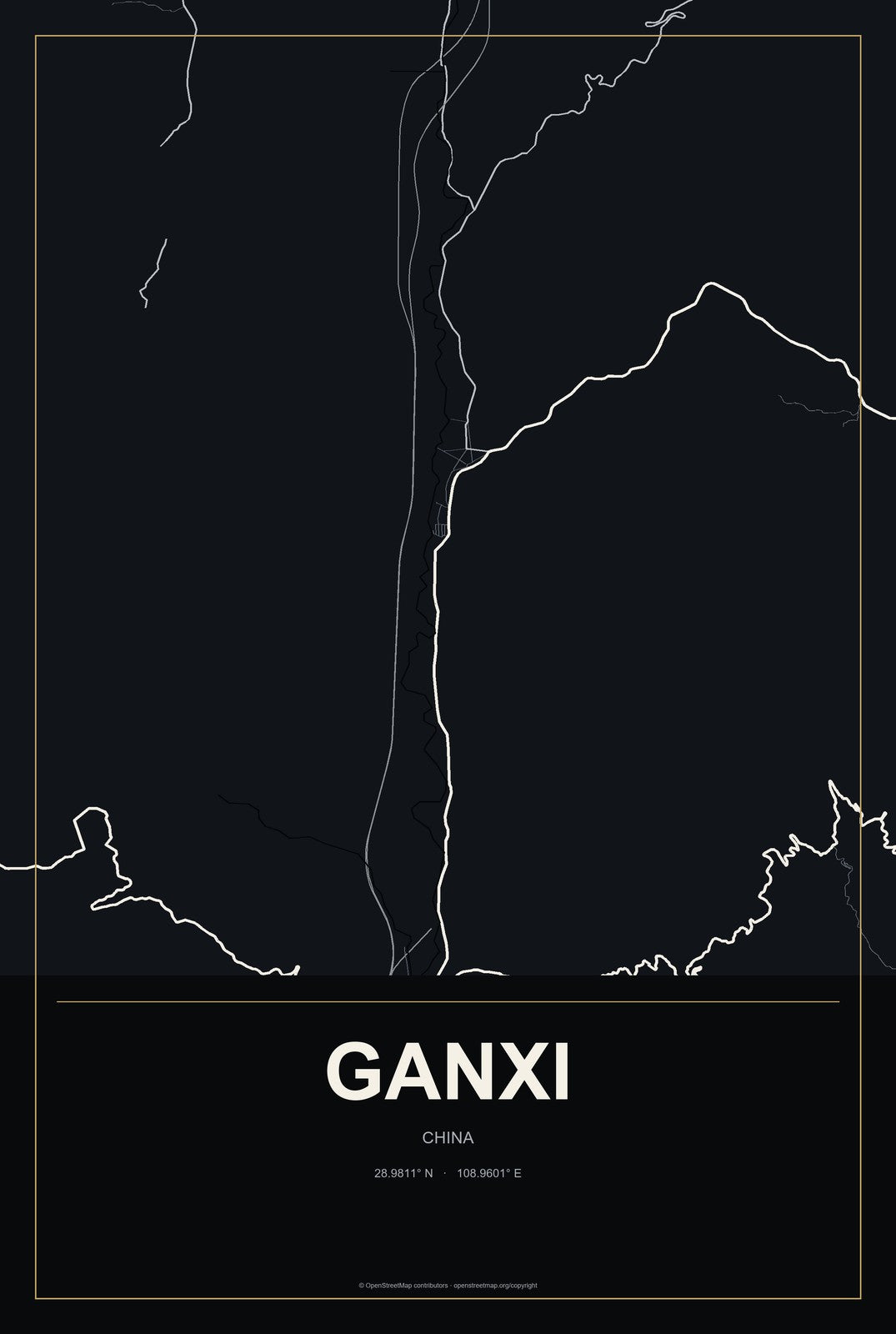 Ganxi, China City Map Aluminum Sign in Metropolitan Noir style