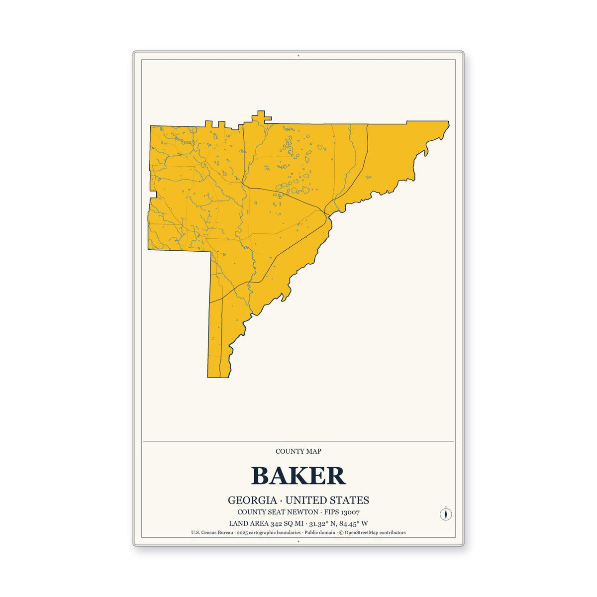 Baker County, Georgia Map Aluminum Sign in Citrine Modern style