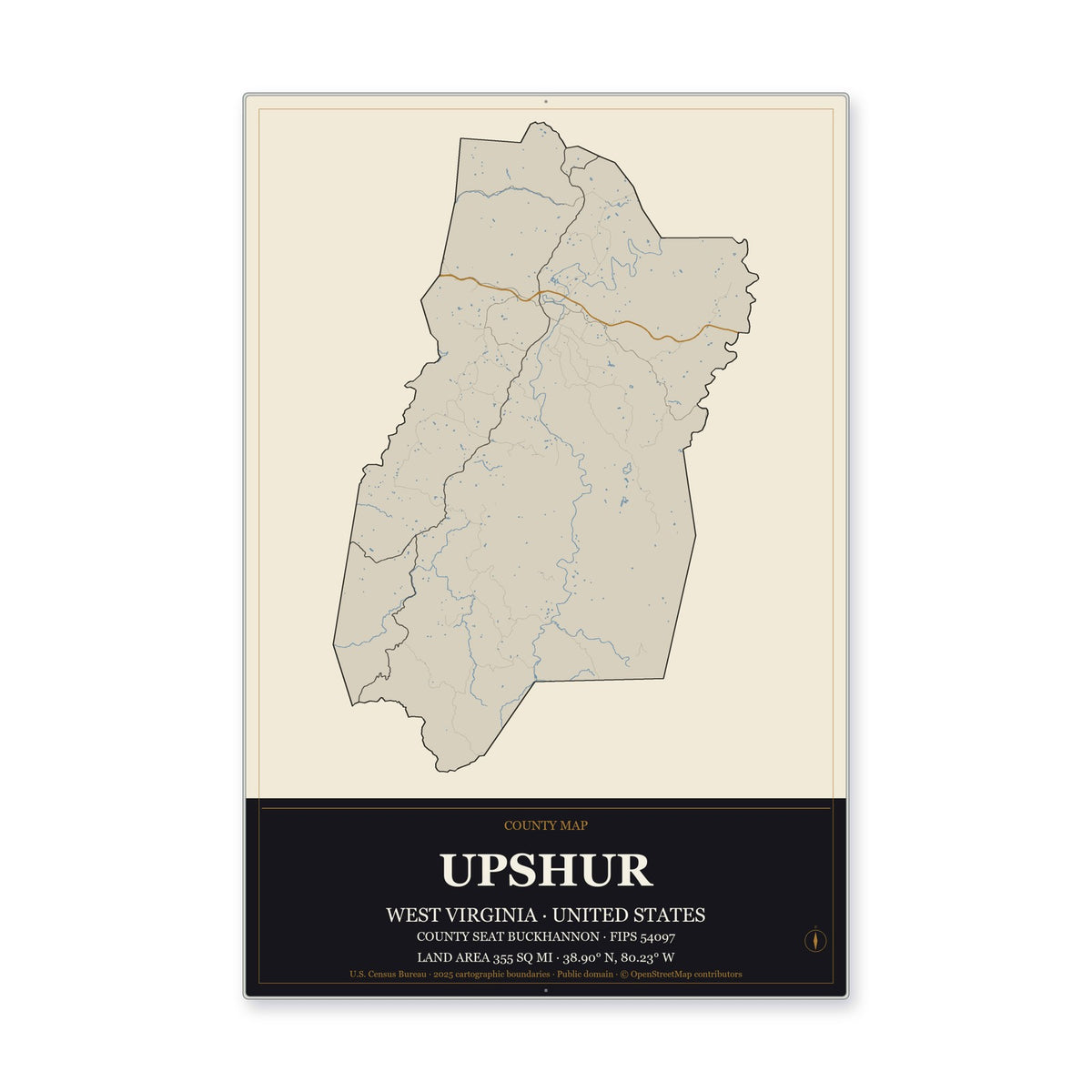 Upshur County, West Virginia Map Aluminum Sign in Museum Plaque style