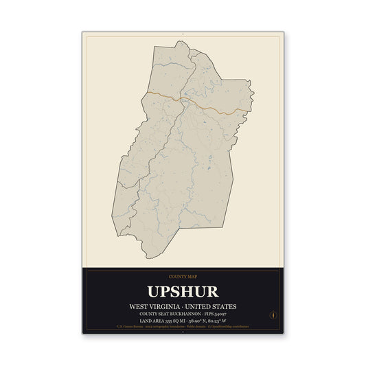 Upshur County, West Virginia Map Aluminum Sign in Museum Plaque style