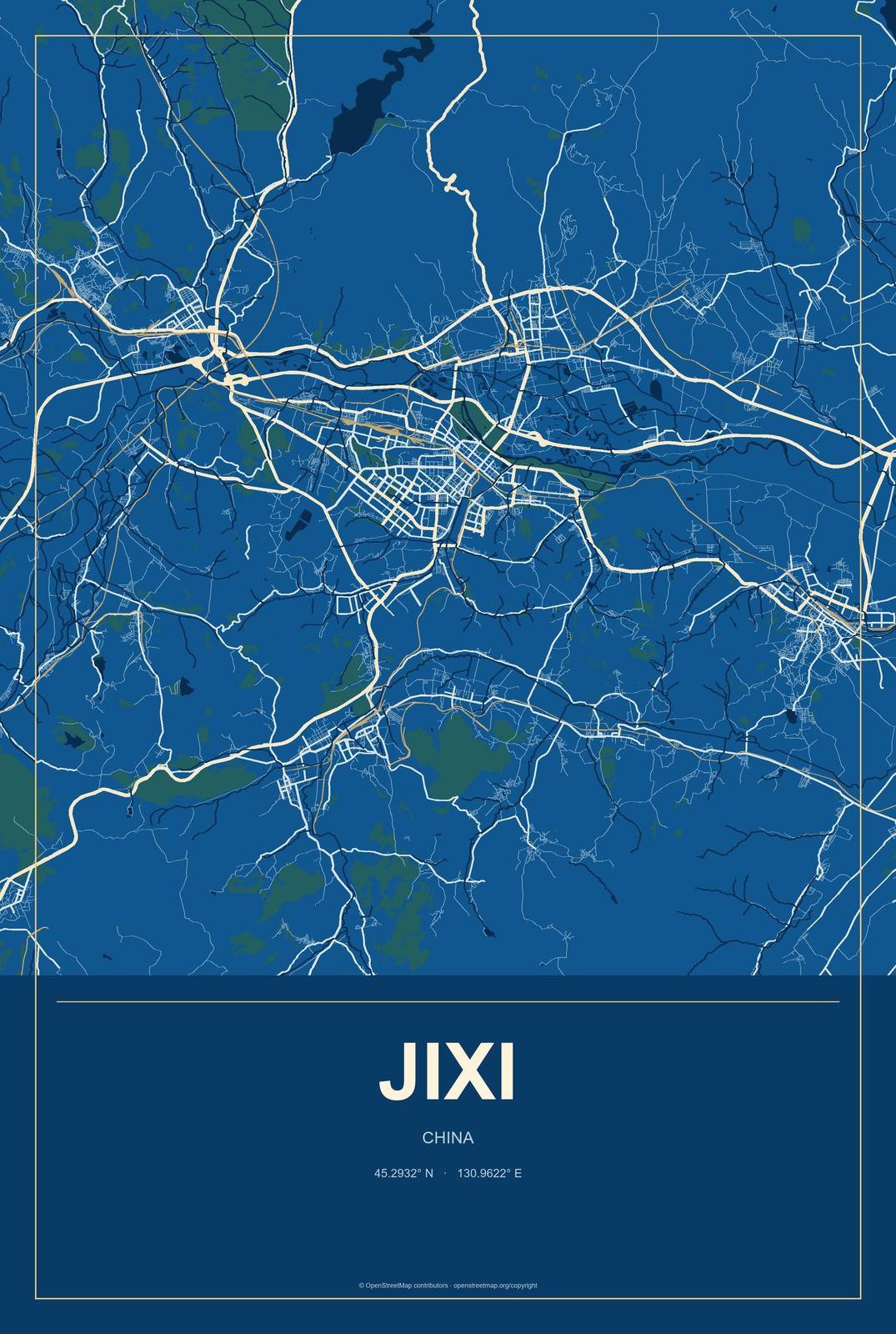 Jixi, China City Map Aluminum Sign in Harbor Cobalt style