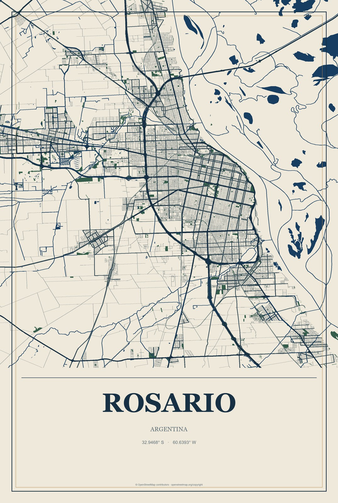 Rosario, Argentina City Map Aluminum Sign in Coastal Cutout style