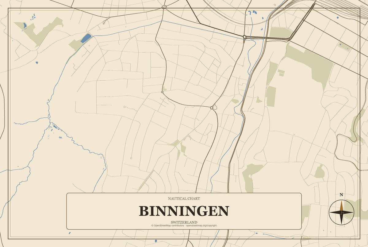 Binningen, Switzerland City Map Aluminum Sign in Heritage Nautical style
