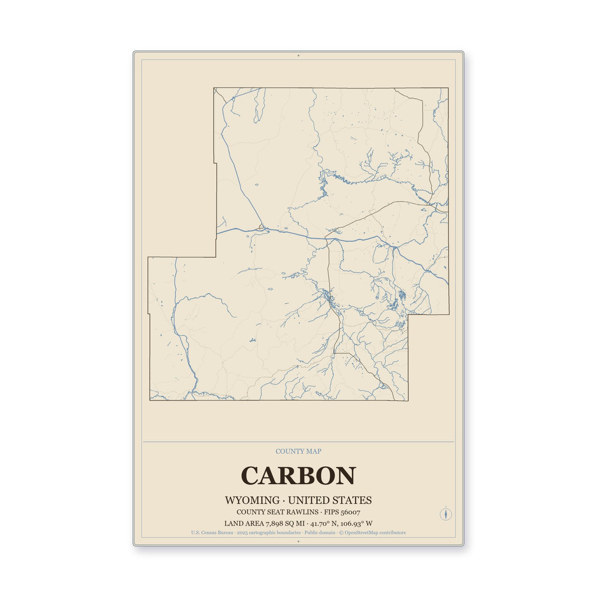 Carbon County, Wyoming Map Aluminum Sign in Heritage Nautical style