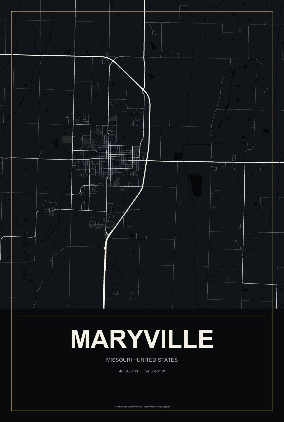 Maryville, Missouri City Map Aluminum Sign in Metropolitan Noir style