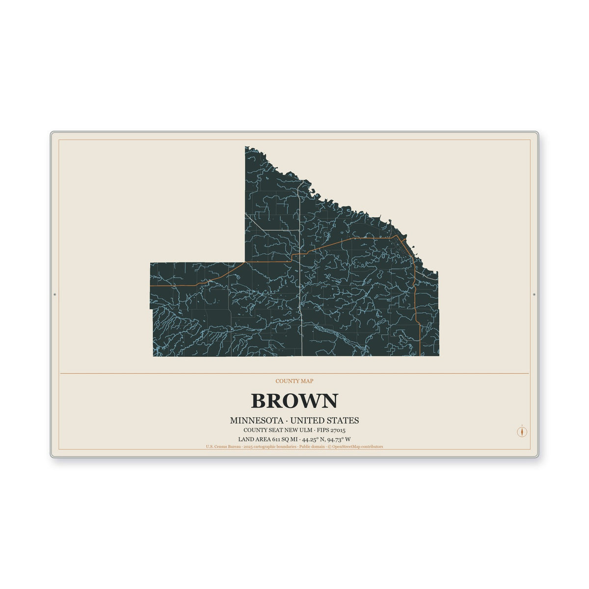 Brown County, Minnesota Map Aluminum Sign in Headline Atlas style