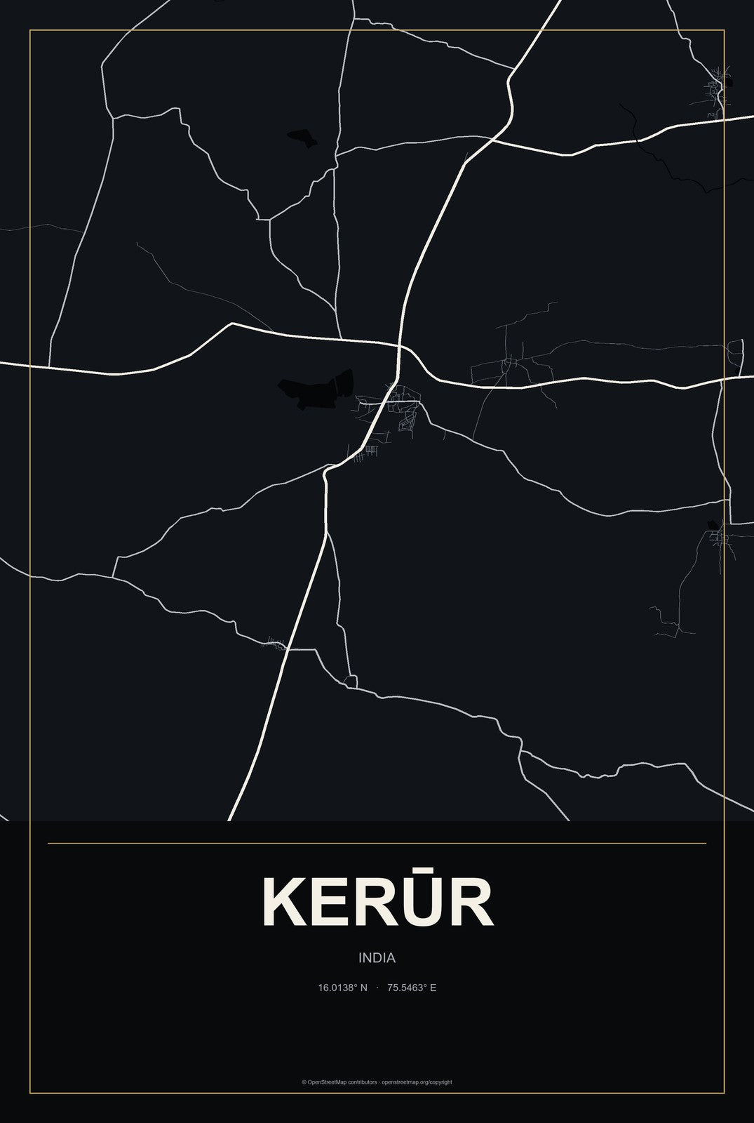 Kerūr, India City Map Aluminum Sign in Metropolitan Noir style