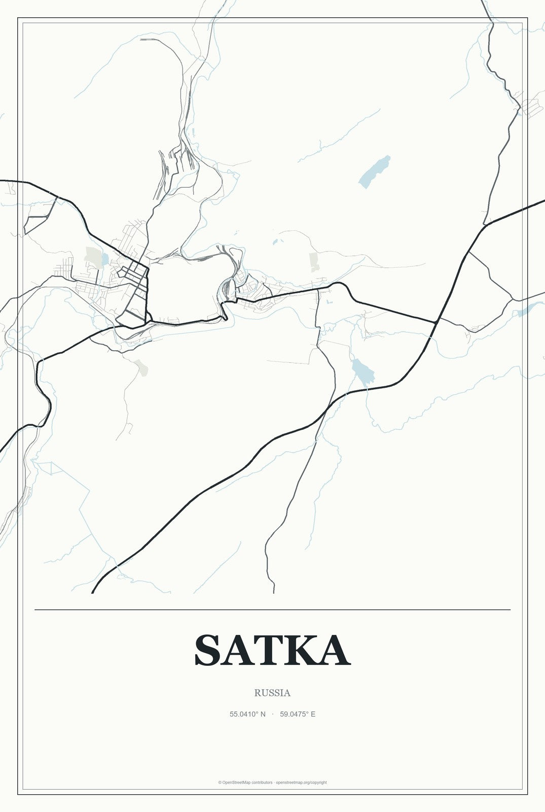 Satka, Russia City Map Aluminum Sign in Gallery Air style