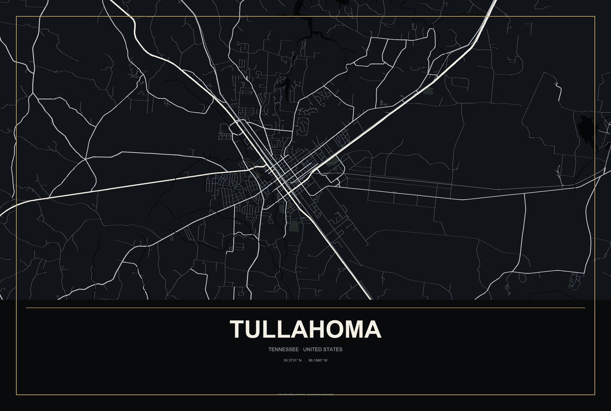 Tullahoma, Tennessee City Map Aluminum Sign in Metropolitan Noir style