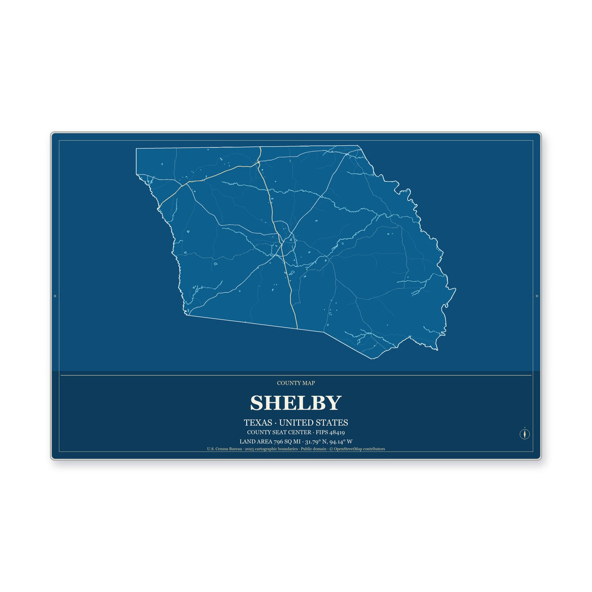Shelby County, Texas Map Aluminum Sign in Harbor Cobalt style