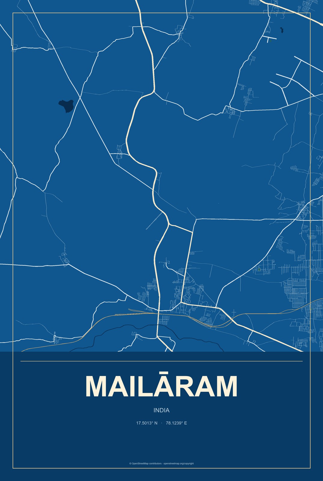 Mailāram, India City Map Aluminum Sign in Harbor Cobalt style