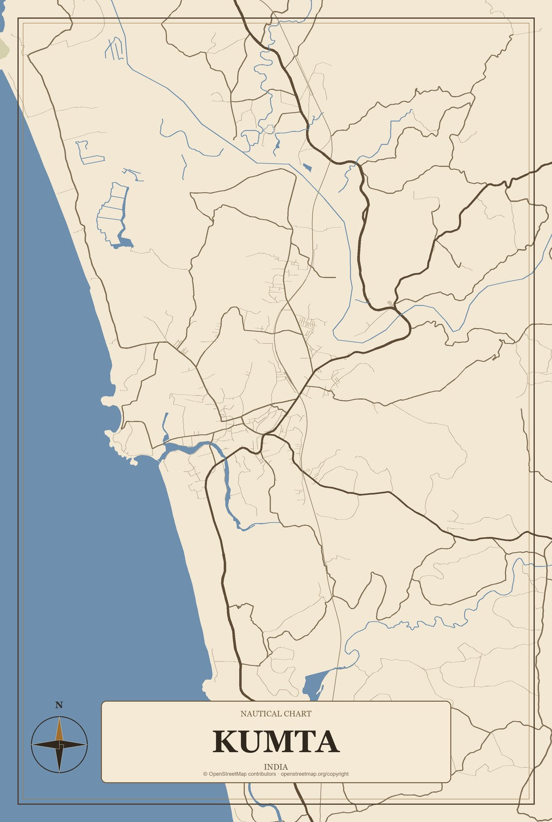 Kumta, India City Map Aluminum Sign in Heritage Nautical style