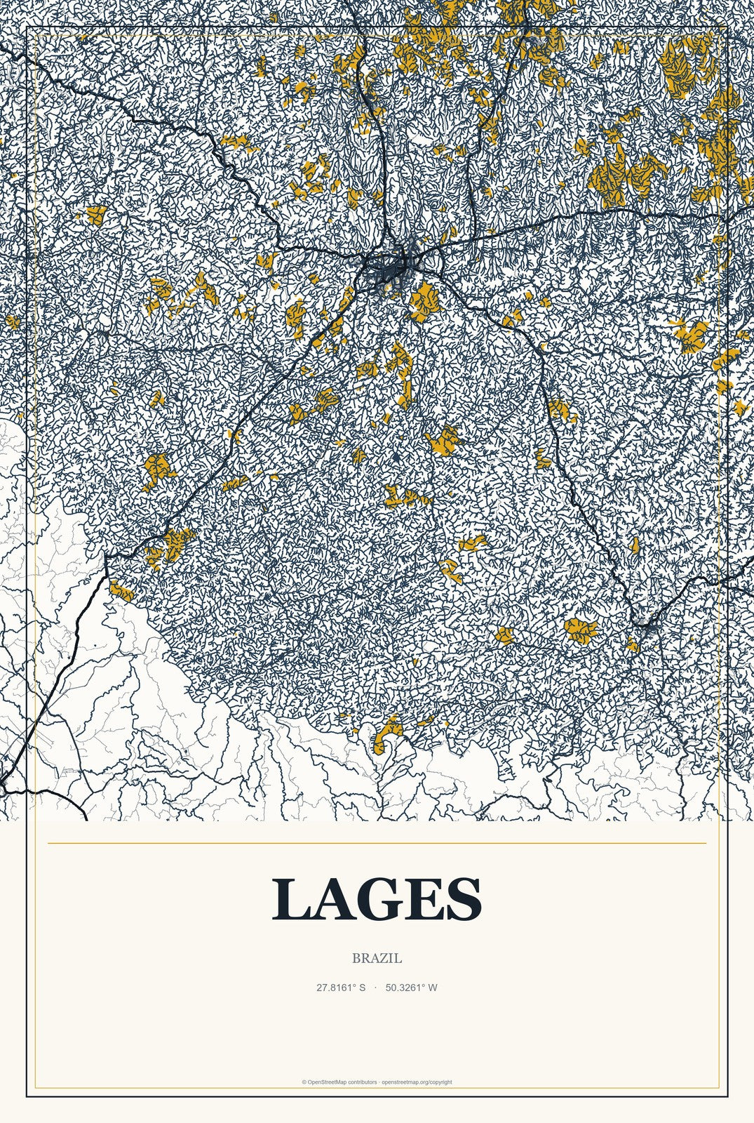 Lages, Brazil City Map Aluminum Sign in Citrine Modern style