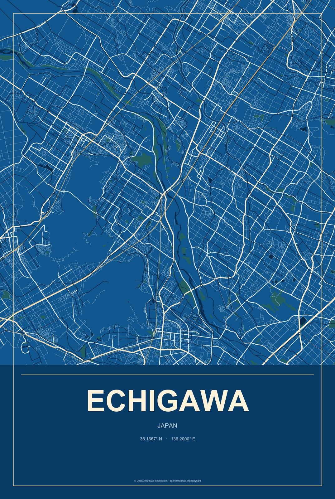 Echigawa, Japan City Map Aluminum Sign in Harbor Cobalt style