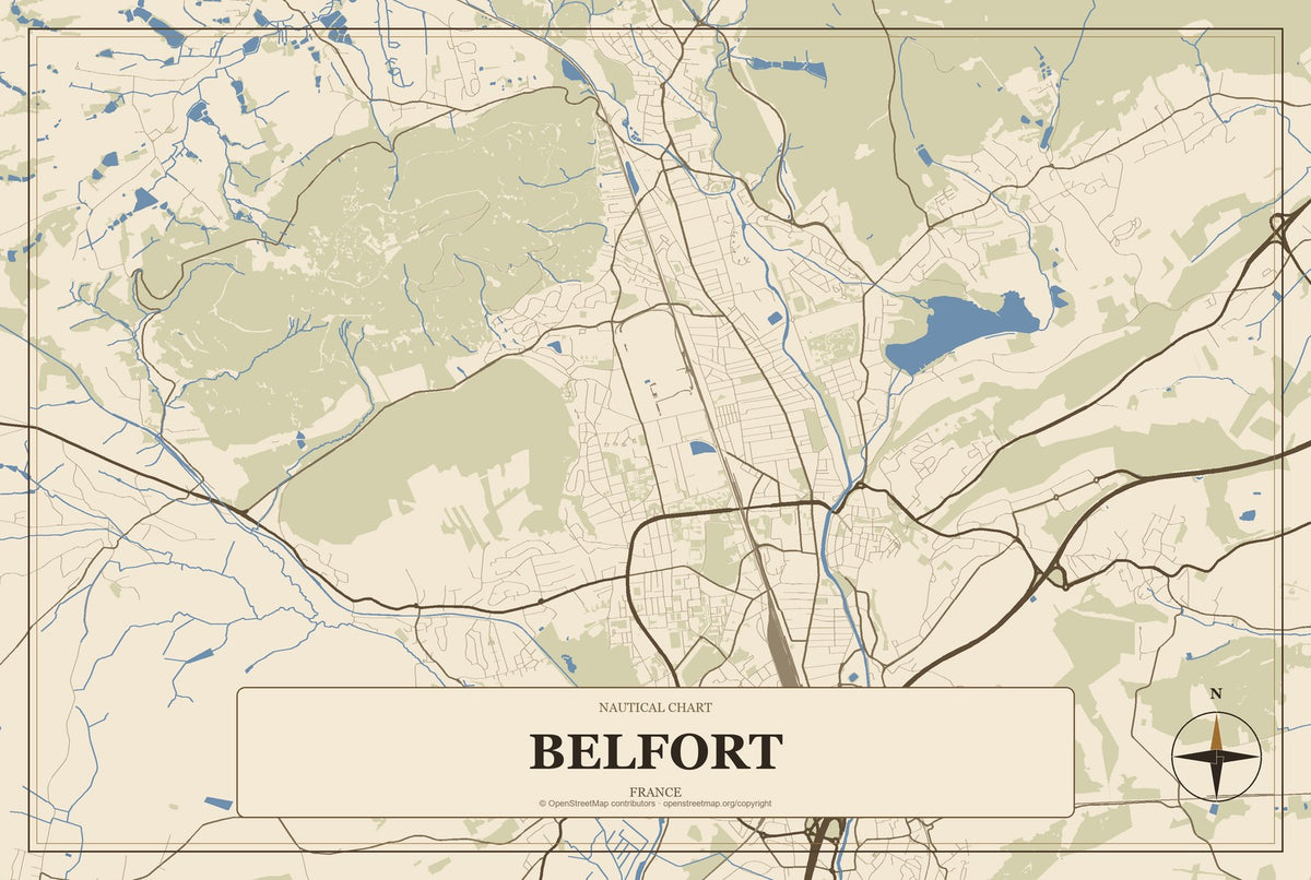 Belfort, France City Map Aluminum Sign in Heritage Nautical style
