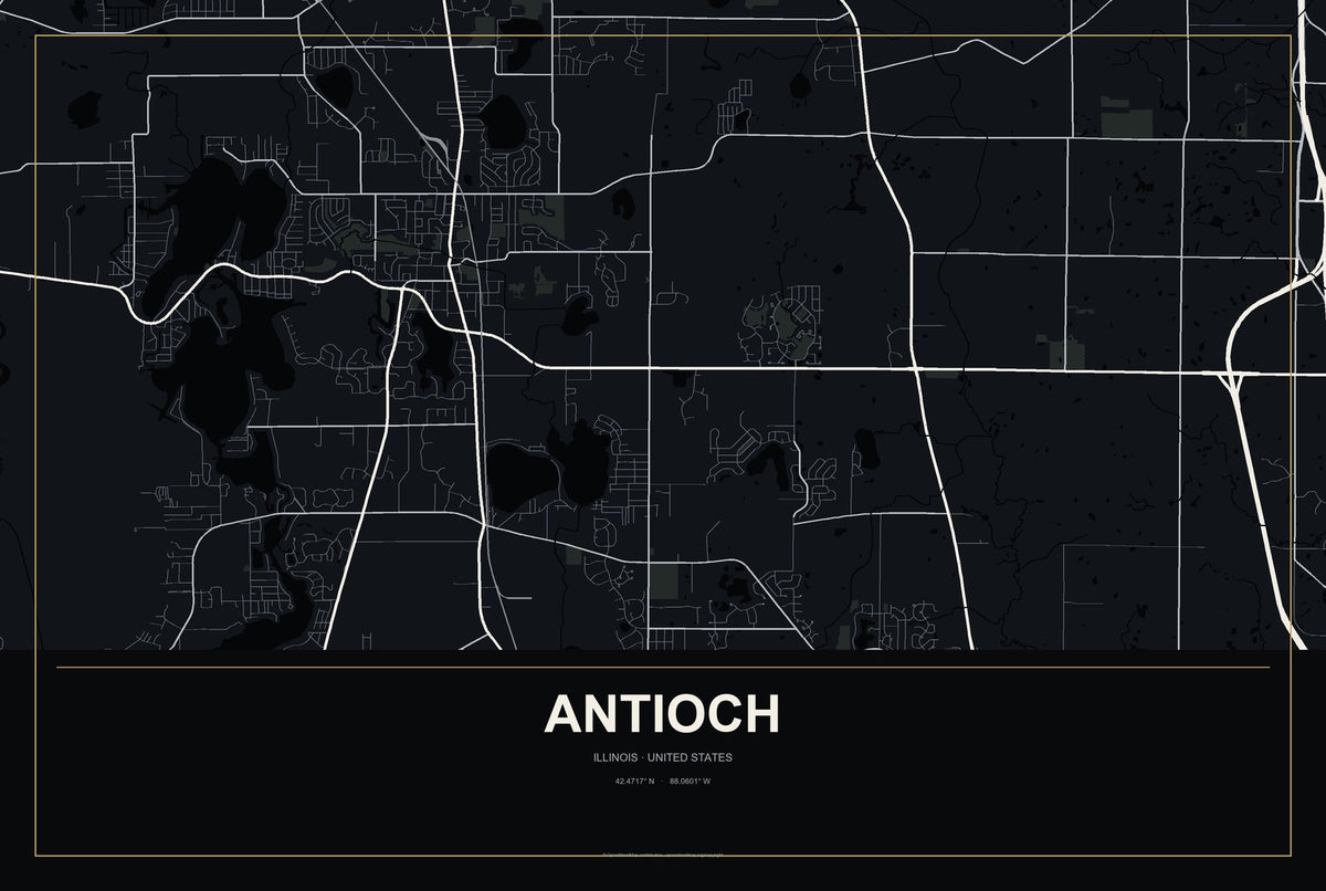 Antioch, Illinois City Map Aluminum Sign in Metropolitan Noir style