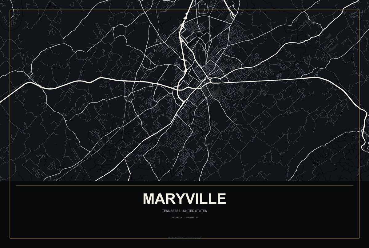 Maryville, Tennessee City Map Aluminum Sign in Metropolitan Noir style