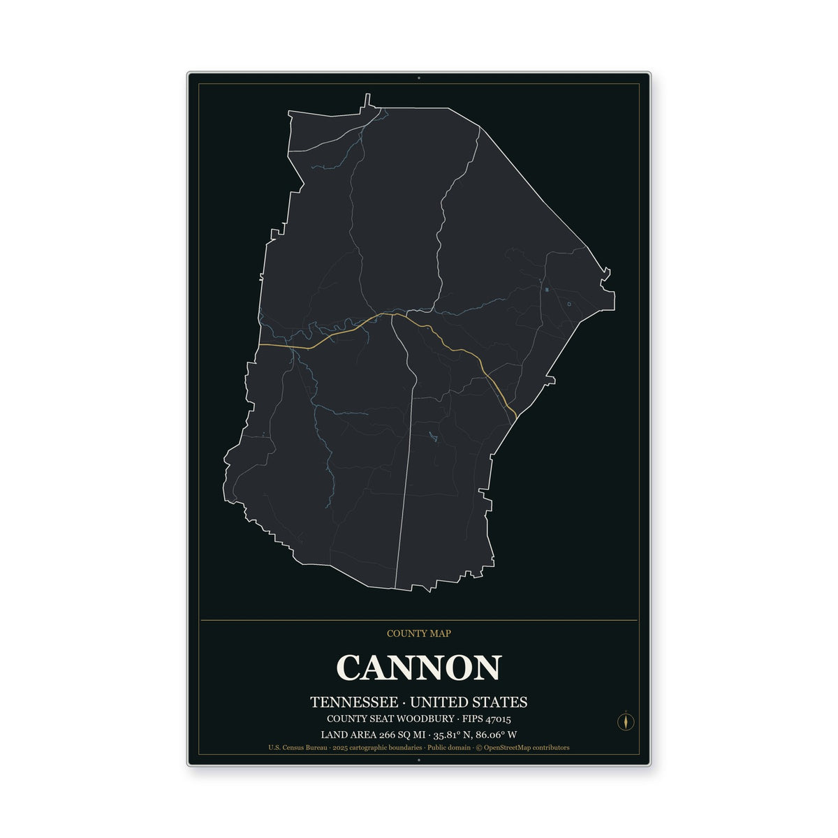 Cannon County, Tennessee Map Aluminum Sign in Metropolitan Noir style