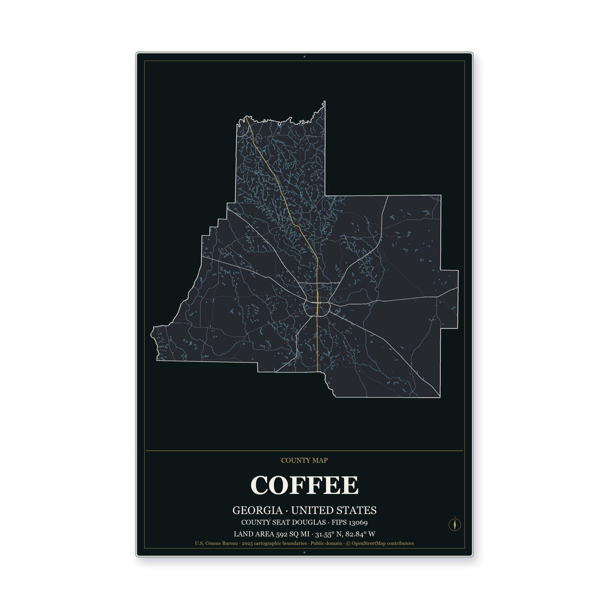 Coffee County, Georgia Map Aluminum Sign in Metropolitan Noir style