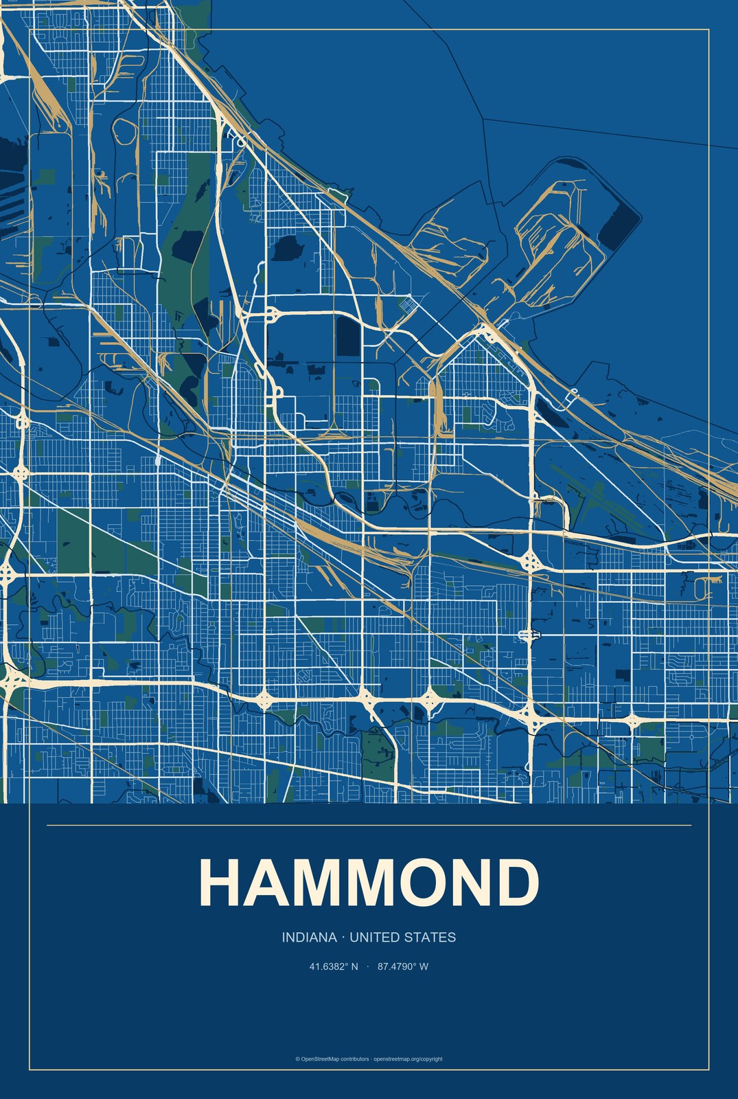 Hammond, Indiana City Map Aluminum Sign in Harbor Cobalt style