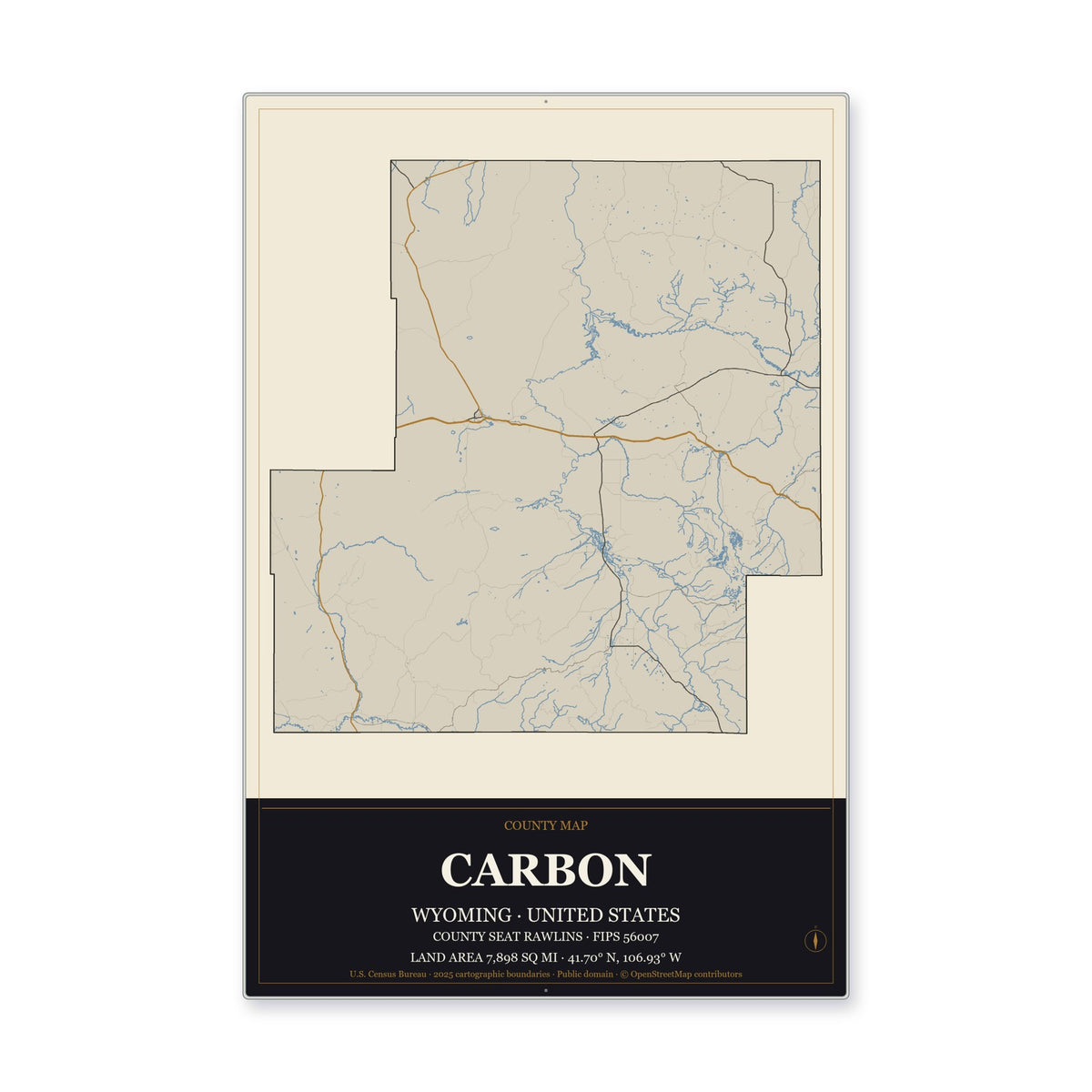 Carbon County, Wyoming Map Aluminum Sign in Museum Plaque style