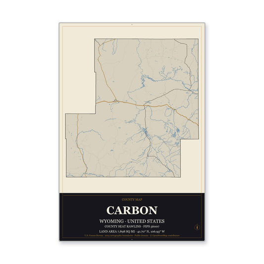 Carbon County, Wyoming Map Aluminum Sign in Museum Plaque style