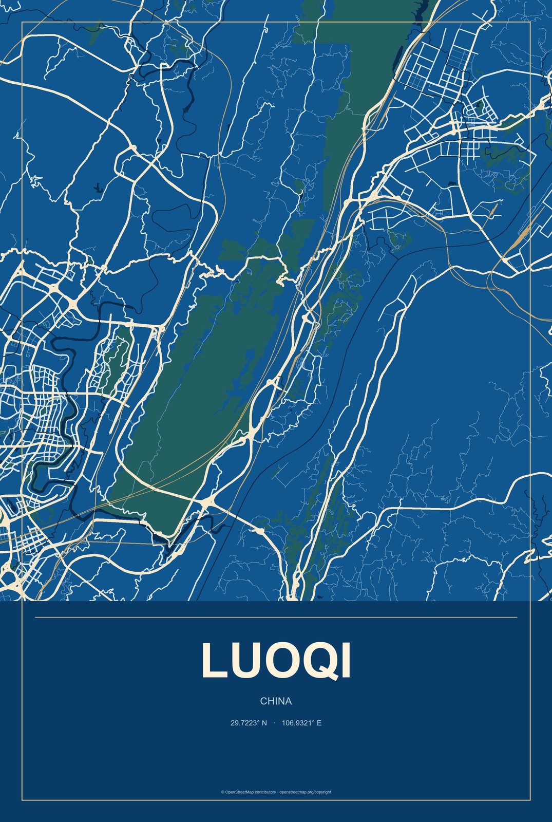 Luoqi, China City Map Aluminum Sign in Harbor Cobalt style