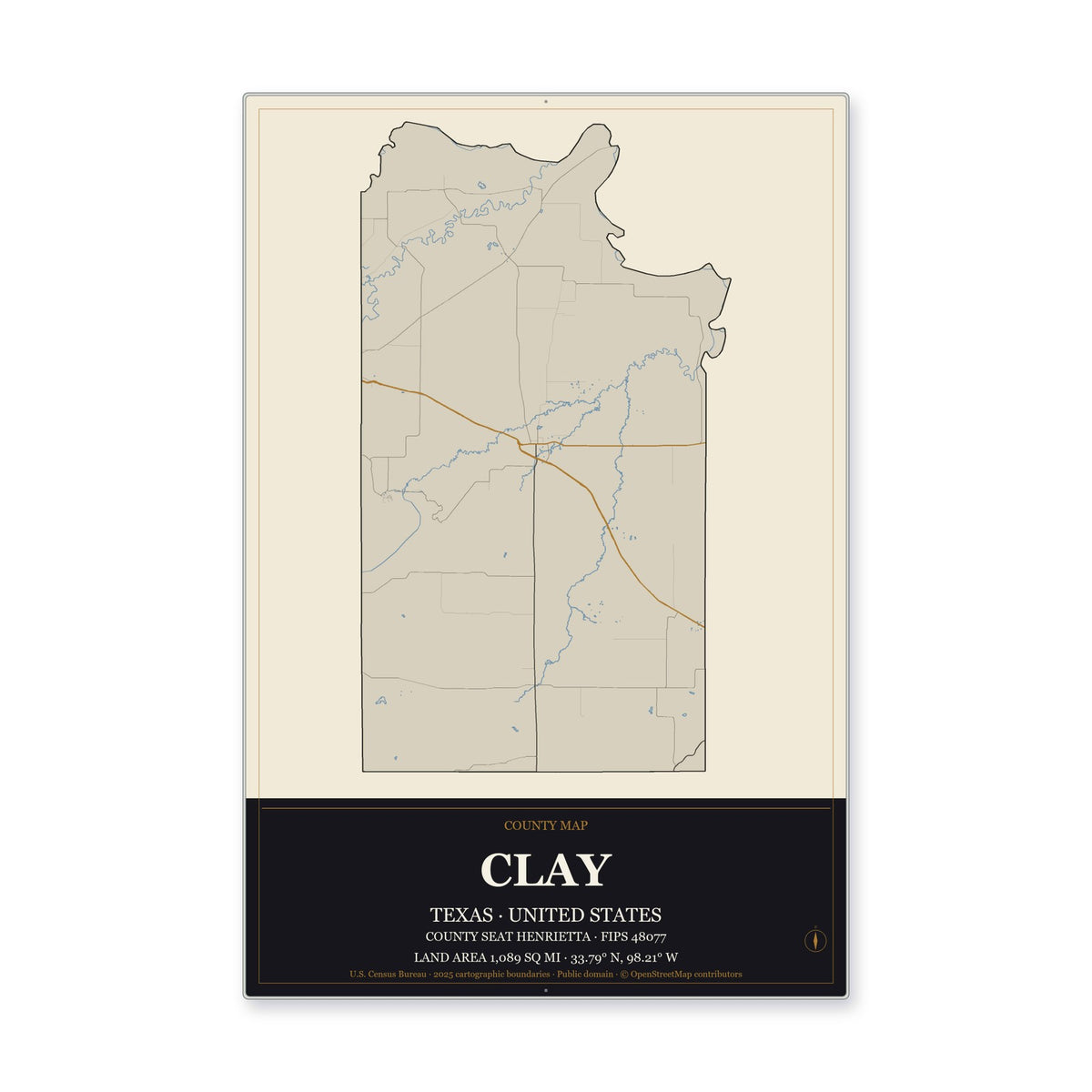 Clay County, Texas Map Aluminum Sign in Museum Plaque style