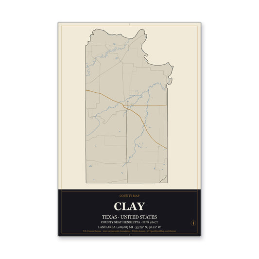 Clay County, Texas Map Aluminum Sign in Museum Plaque style