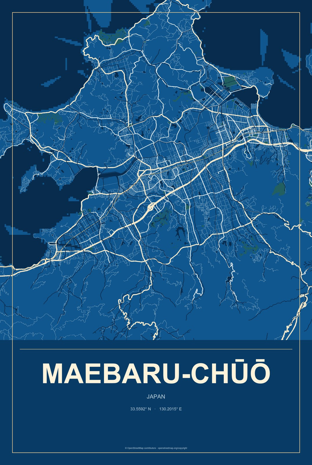 Maebaru-chūō, Japan City Map Aluminum Sign in Harbor Cobalt style