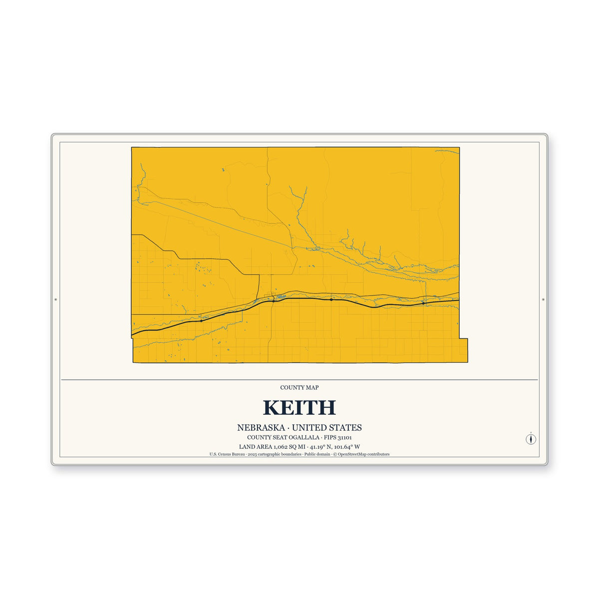 Keith County, Nebraska Map Aluminum Sign in Citrine Modern style