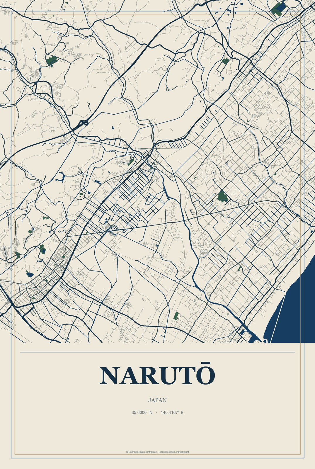 Narutō, Japan City Map Aluminum Sign in Coastal Cutout style