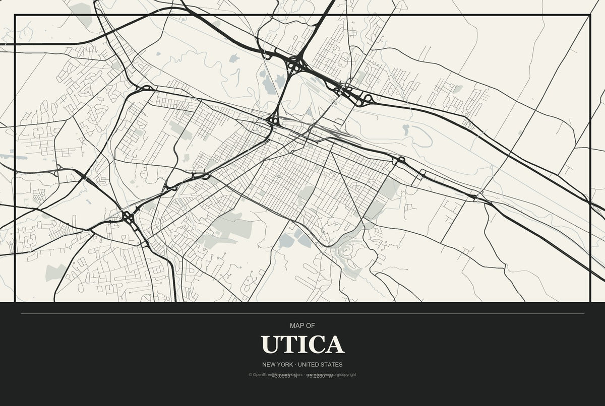 Utica, New York City Map Aluminum Sign in Museum Plaque style