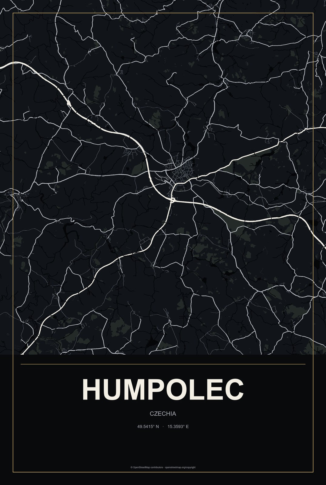 Humpolec, Czechia City Map Aluminum Sign in Metropolitan Noir style