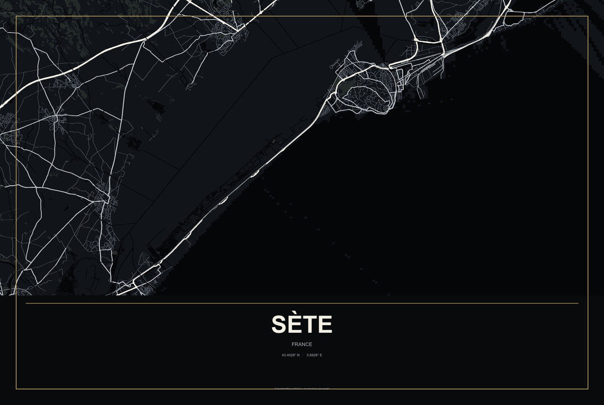 Sète, France City Map Aluminum Sign in Metropolitan Noir style
