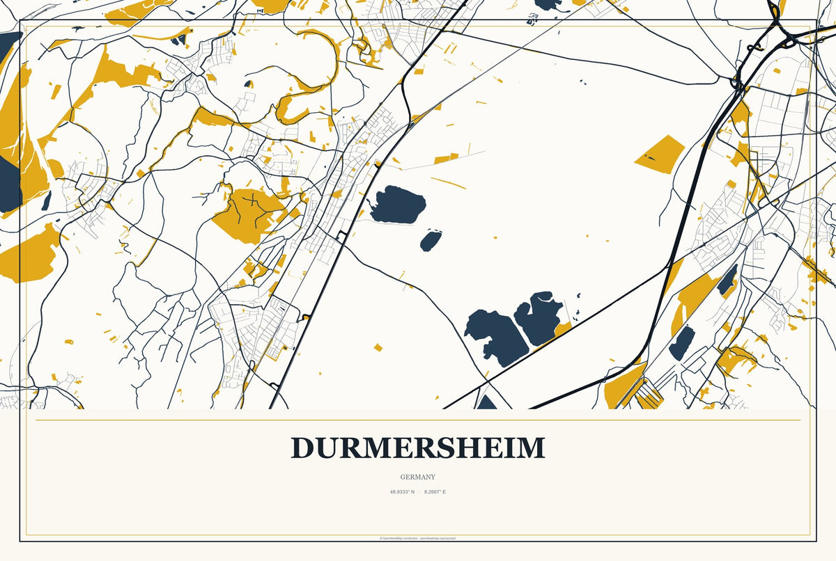 Durmersheim, Germany City Map Aluminum Sign in Citrine Modern style