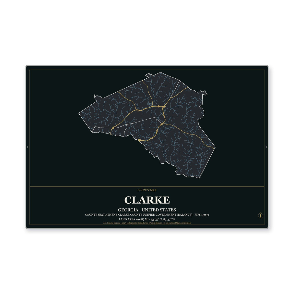 Clarke County, Georgia Map Aluminum Sign in Metropolitan Noir style