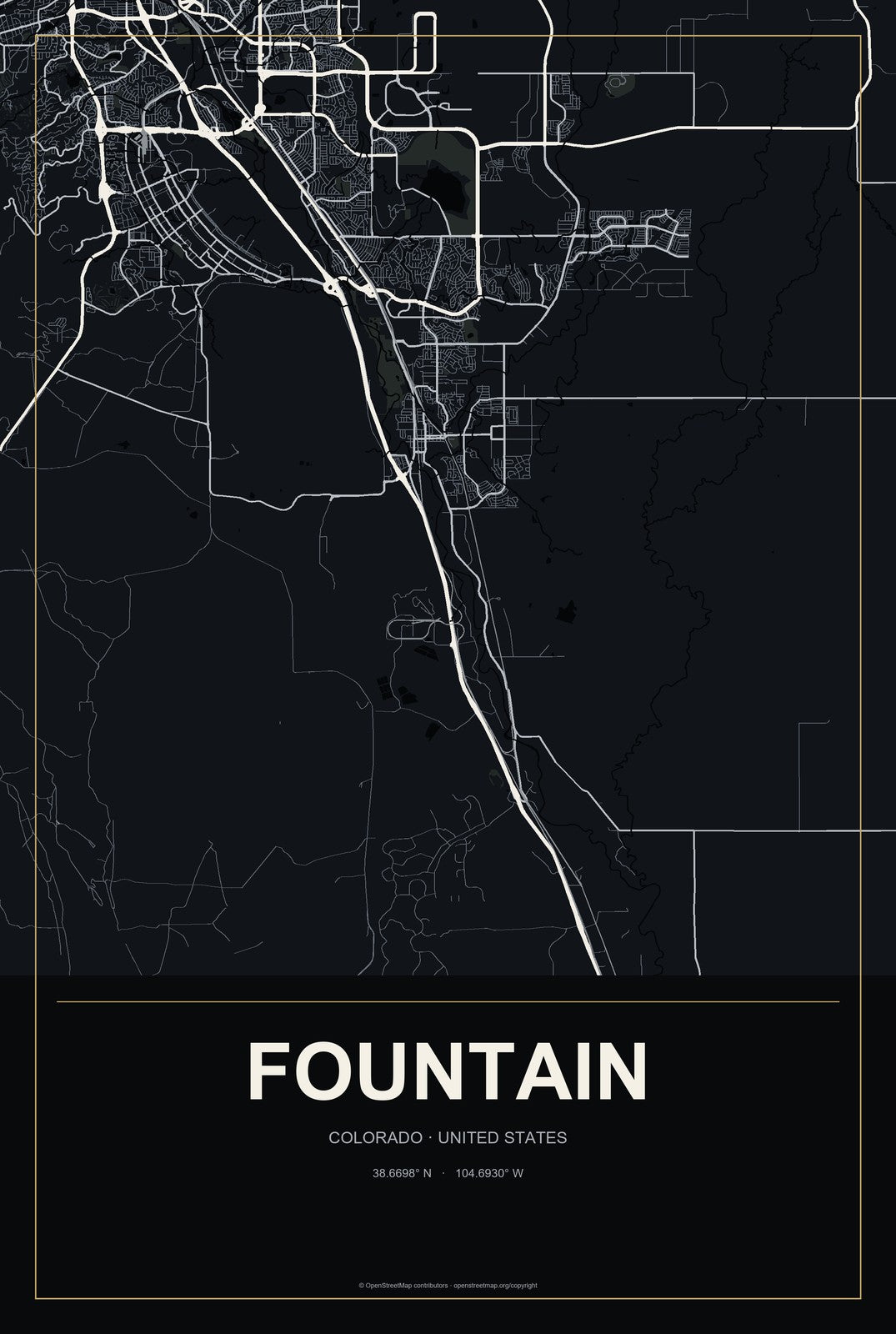 Fountain, Colorado City Map Aluminum Sign in Metropolitan Noir style