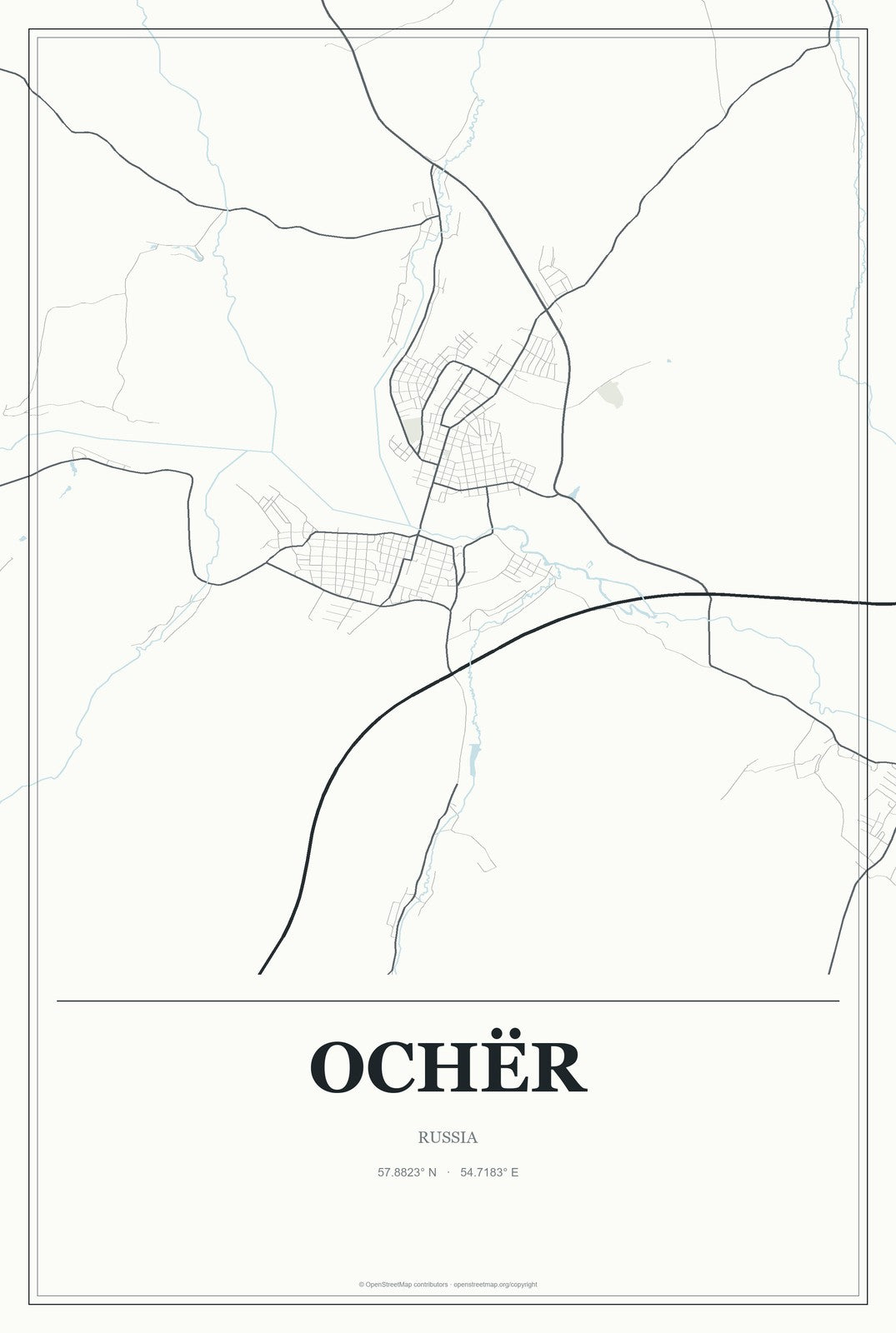 Ochër, Russia City Map Aluminum Sign in Gallery Air style