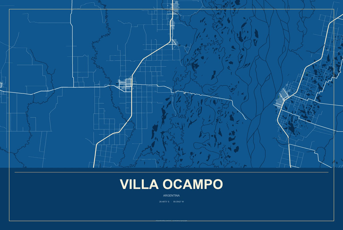 Villa Ocampo, Argentina City Map Aluminum Sign in Harbor Cobalt style