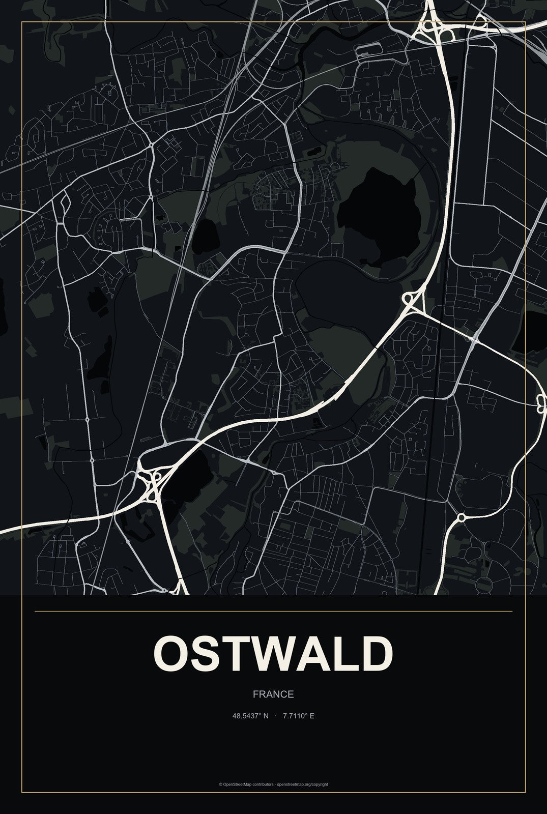 Ostwald, France City Map Aluminum Sign in Metropolitan Noir style