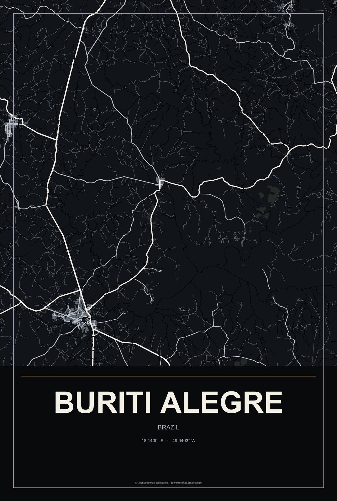Buriti Alegre, Brazil City Map Aluminum Sign in Metropolitan Noir style
