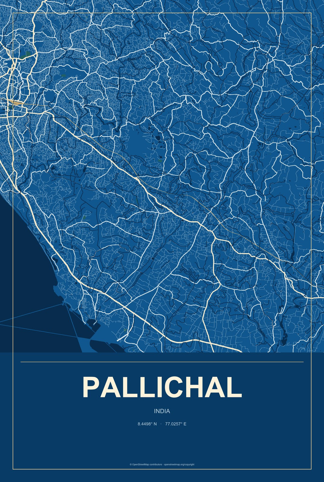 Pallichal, India City Map Aluminum Sign in Harbor Cobalt style