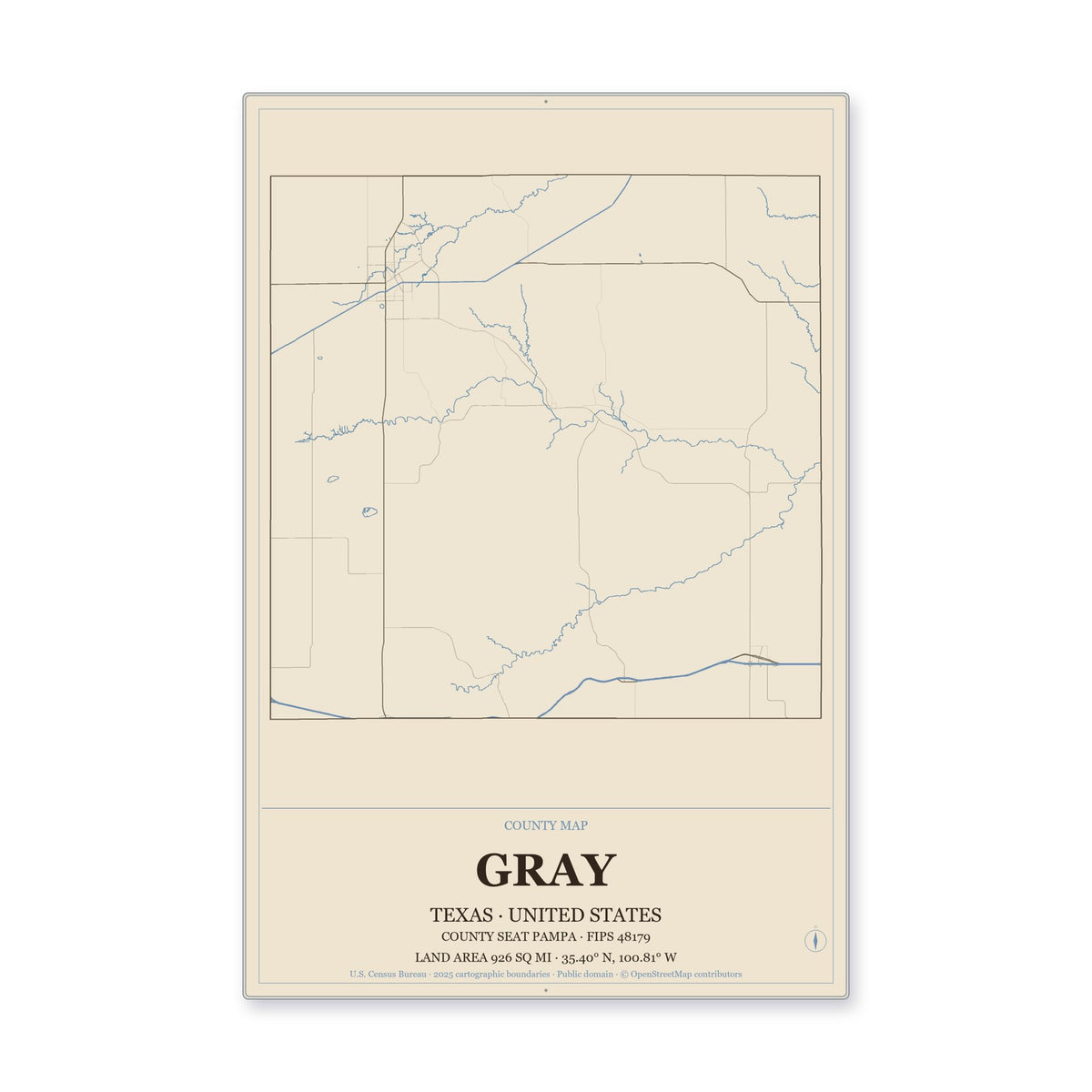 Gray County, Texas Map Aluminum Sign in Heritage Nautical style